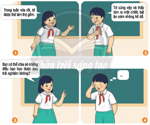 CHỦ ĐỀ 9: NHỮNG NGƯỜI SỐNG QUANH EM VÀ NGHỀ TRUYỀN THỐNG QUÊ HƯƠNGHOẠT ĐỘNG TRẢI NGHIỆM TUẦN 33SINH HOẠT DƯỚI CỜTiểu phẩm “Việc làm tốt của em”Câu 1: Tham gia tiểu phẩm “Việc làm tốt của em”.Đáp án chuẩn:Tham gia tiểu phẩm “Việc làm tốt của em”.Câu 2: Chia sẻ cảm nhận của em sau khi xem tiểu phẩm.Đáp án chuẩn: Em thấy tiểu phẩm này rất hay và giàu giá trị nhân văn, giúp em hiểu và truyền cảm hứng về việc thực hiện nhiều hơn những làm tốt.  HOẠT ĐỘNG GIÁO DỤC THEO CHỦ ĐỀHoạt động 3: Trình bày kết quả tìm hiểu thông tin về nghề truyền thống ở địa phươngCâu 1: Chia sẻ kết quả tìm hiểu về nghề truyền thống ở địa phương theo phiếu thu thập thông tin đã thực hiện.Đáp án chuẩn: PHIẾU THU THẬP THÔNG TIN VỀ NGHỀ TRUYỀN THỐNG Ở ĐỊA PHƯƠNG1. Nghề làm gốm2. Sản phẩm: Bình hoa, cốc, chén, đĩa, bát,...3. Nguyên liệu, dụng cụ,... cẩn có: Đất sét, lò nung gốm, bàn xoay làm gốm4. Cách làm: Làm đất; tạo hình sản phẩm; trang trí hoa văn; tráng men và nung đốt5. Lợi ích : dùng trong sinh hoạt hàng ngày Câu 2: Làm sơ đồ tư duy để báo cáo kết quả tìm hiểu về nghề truyền thống ở địa phương.- Xác định chủ đề và hình thức trình bày sơ đồ tư duy,- Sắp xếp nội dụng vào các nhánh của sơ đồ tư duy.- Chuẩn bị thuyết trình báo cáo.Đáp án chuẩn: Học sinh tự lập sơ đồ tư duy theo sở thích của mìnhCâu 3: Trình bày sơ đồ tư duy.Đáp án chuẩn: Học sinh tự trình bày trước lớpHoạt động 4: Báo cáo kết quả trải nghiệm về nghề truyền thống ở địa phươngCâu 1: Trình bày trong nhóm về kết quả trải nghiệm một số công việc của nghề truyền thống ở địa phương.- Giới thiệu tên nghề đã trải nghiệm.- Công việc cụ thế đã trải nghiệm.- Cảm nhận của bản thân khi trải nghiệm một số công việc của nghề truyền thống (hứng thú, yêu thích, trân trọng,....- Những điều học được sau trải nghiệm một số công việc của nghề truyển thống ở địa phương.Em có thể tham khảo cách báo cáo dưới đây:Đáp án chuẩn: Em đã trải nghiệm thử làm thợ gốm. Em đã tự tay làm một chiếc cốc uống nước. Em thấy rằng để làm ra một sản phẩm gốm truyền thống cần bàn tay tỉ mỉ, khéo léo, bên cạnh đó còn cần niềm đam mê với công việc này nữa. Qua hoạt động trải nghiệm, em học được sự cẩn thận, tỉ mỉ trong quá trình làm việc, đồng thời là sự tập trung cao độ khi thực hiện. Câu 2: Chia sẻ về cách giữ an toàn trong lao động khi làm nghề truyền thống.- Nhớ lại những công việc của nghề truyền thống mà em đã trải nghiệm.- Trao đồi với bạn cách giữ an toàn trong lao động khi làm nghề truyền thống.Đáp án chuẩn: Trong quá trình làm việc, người lao động phải tự trang bị đồ bảo hộ và phải tập trung, không được lơ là vì chỉ cần một phút mất cảnh giác thì sẽ dẫn đến nguy cơ mất an toàn lao động.SINH HOẠT LỚP