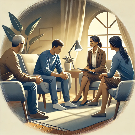 An illustration of a person undergoing family therapy, sitting with family members and a therapist in a warmly lit room.