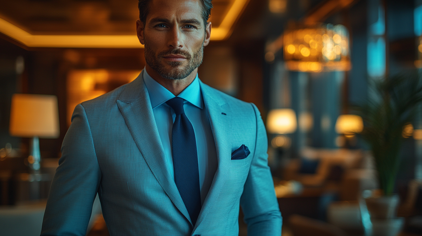 A sophisticated man wearing a light blue suit with a dark blue shirt, creating a monochromatic effect. The setting is a high-end business lounge with moody lighting and a modern interior. The suit is finely tailored, paired with a sleek dark blue tie and polished leather shoes. Photorealistic, high detail, fashion photography style.