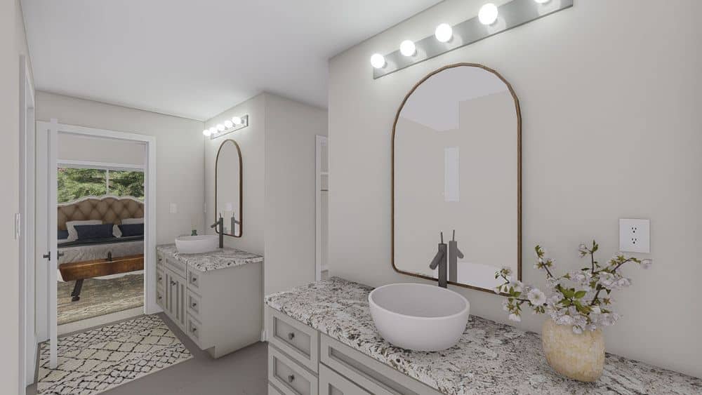 Cantilever in the Casa Kaleth designed by Di Frenna Arquitectos.A glimpse of the primary bedroom from the bathroom.
