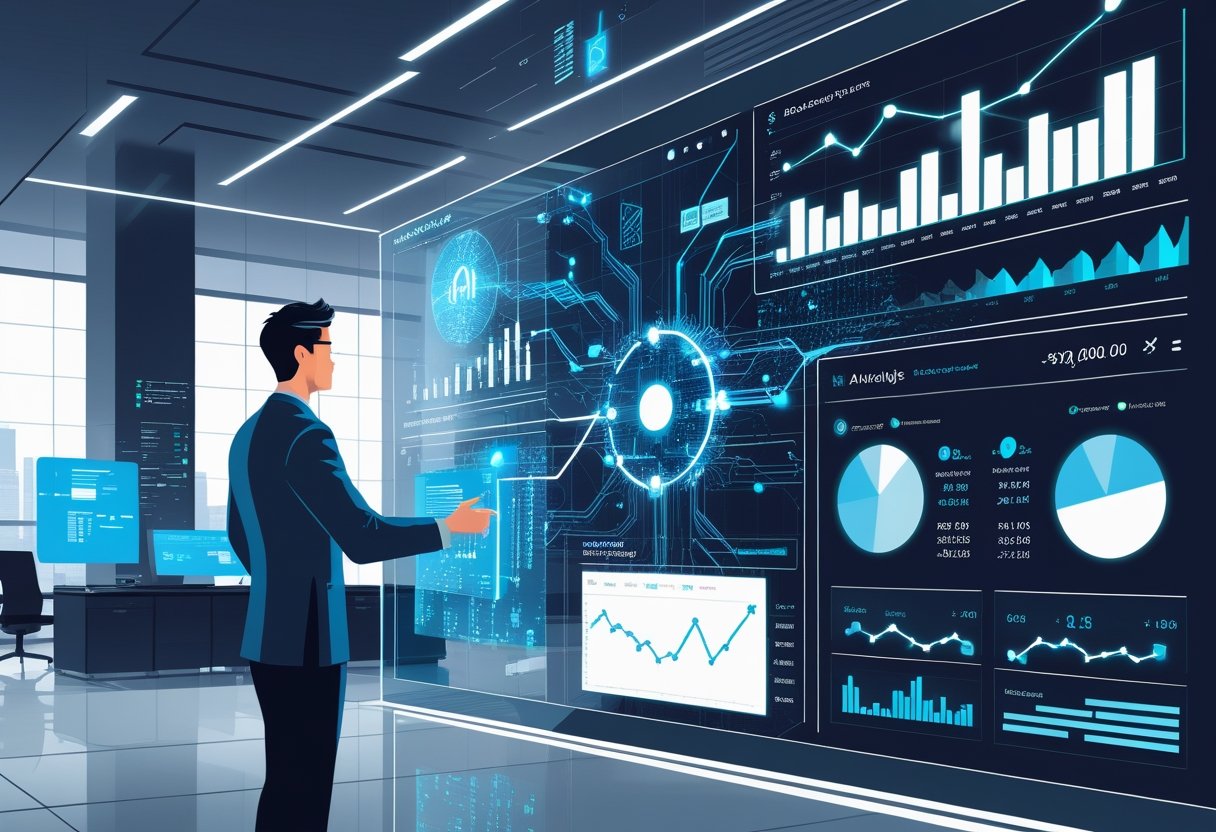A financial analyst interacts with a large digital interface showing charts, graphs, and AI-related patterns representing advanced asset allocation strategies.