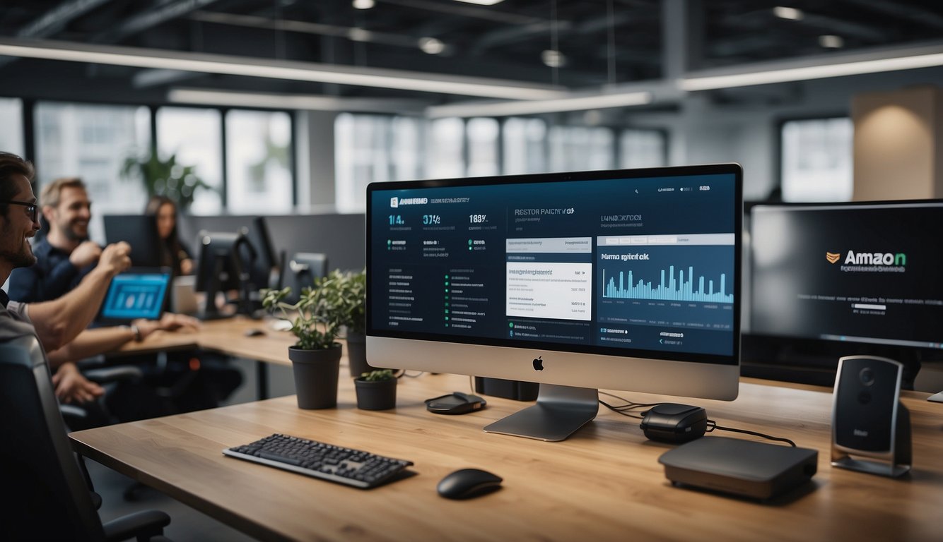 A bright, modern office setting with a computer screen displaying the Amazon Brand Registry dashboard, surrounded by happy employees collaborating and celebrating their brand's success