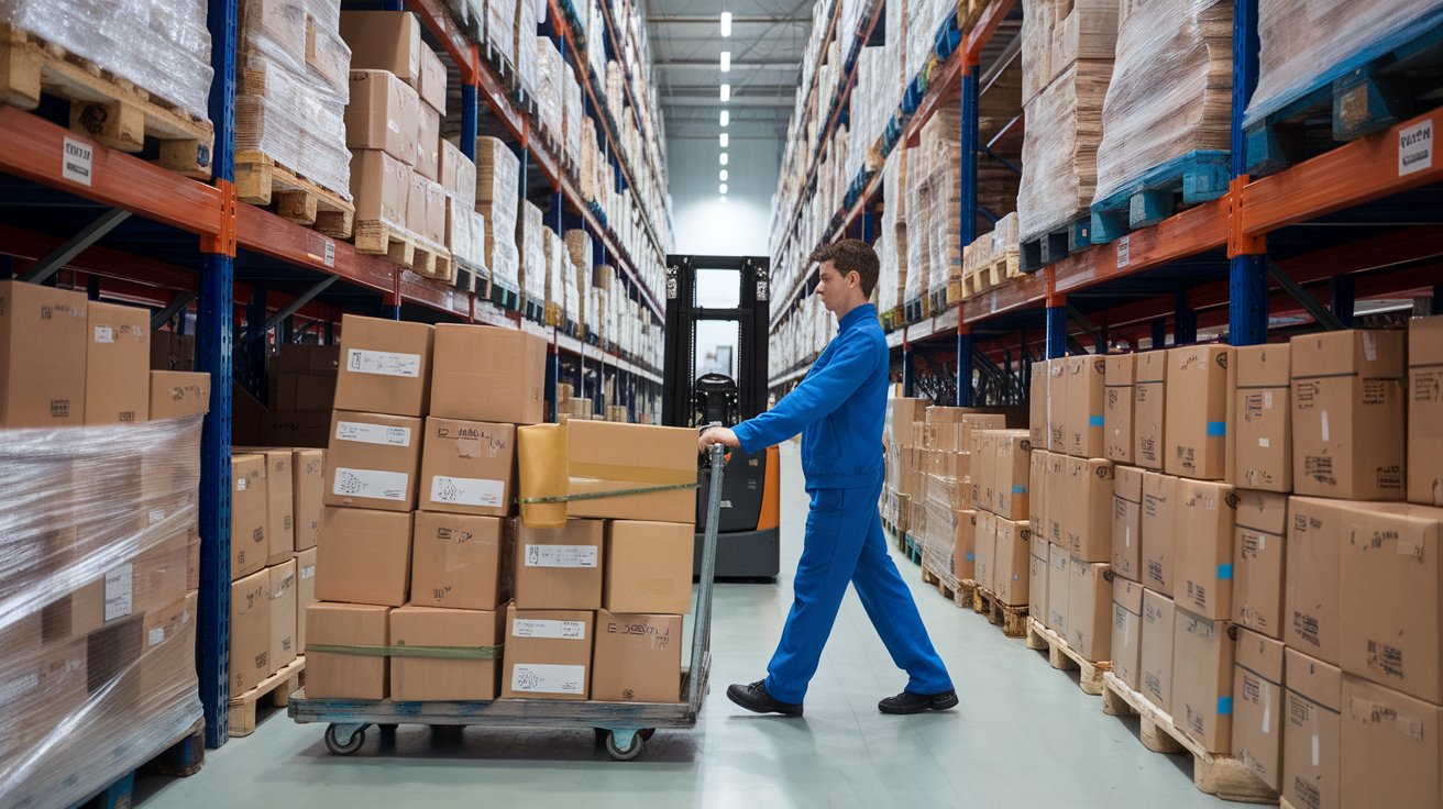 A warehouse worker in a blue uniform pushes a cart loaded with neatly stacked boxes through an organized aisle of shelves filled with inventory. The scene highlights efficient logistics operations, emphasizing precision, organization, and customer satisfaction through superior supply chain management.