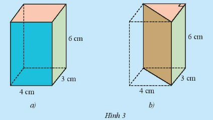 CHƯƠNG 3. HÌNH HỌC TRỰC QUAN CÁC HÌNH KHỐI TRONG THỰC TIỄNBÀI 4: DIỆN TÍCH XUNG QUANH VÀ THỂ TÍCH CỦA HÌNH LĂNG TRỤ ĐỨNG TAM GIÁC, HÌNH LĂNG TRỤ ĐỨNG TỨ GIÁC1. DIỆN TÍCH XUNG QUANH CỦA HÌNH LĂNG TRỤ ĐỨNG Bài 1: Hãy quan sát lăng trụ đứng tam giác (Hình 1) và thực hiện các yêu cầu sau:a) Tính tổng diện tích ba mặt bên của hình lăng trụ đứng.b) Gọi Cđáy là chu vi đáy và h là chiều cao của hình lăng trụ, tính Cđáy .h.c)  So sánh kết quả của câu a và câu b. Đáp án chuẩn: a) 31,5 (cm2)b) 31,5 (cm3)c) Giống nhauThực hành 1: Tính diện tích xung quanh của lăng trụ đứng có đáy là hình thang được cho trong hình 2. Đáp án chuẩn: 120 (cm2)2. THỂ TÍCH CỦA HÌNH LĂNG TRỤ ĐỨNGBài 2: Cho hình hộp chữ nhật với kích thước như Hình 3a. Hình hộp này được cắt đi một nửa để có hình lăng trụ đứng như ở Hình 3b.a) Tính thể tích của hình hộp chữ nhật.b) Dự đoán thể tích của hình lăng trụ đứng tam giác dựa vào thể tích hình hộp chữ nhật ở câu a.c) Gọi Sđáy là diện tích mặt đáy và h là chiều cao của hình lăng trụ tam giác. Hãy tính Sđáy . hd) So sánh Sđáy . h và kết quả dự đoán ở câu b. Đáp án chuẩn: a) 72 (cm3)b) Bằng một nửa thể tích hình hộp chữ nhật ở câu a.c) 36 (cm3)d) Như nhau.Thực hành 2: Tính diện tích xung quanh của một cột bê tông hình lăng trụ đứng có chiều cao 2 m và đáy là tam giác đều có cạnh 0,5 m (Hình 4). Đáp án chuẩn: 3 (m2)Thực hành 3: Tính thể tích hình lăng trụ đứng tứ giác có đáy là hình thang với kích thước cho trong Hình 5Đáp án chuẩn:312 (cm3)3. DIỆN TÍCH XUNG QUANH VÀ THỂ TÍCH CỦA MỘT SỐ HÌNH KHỐI TRONG THỰC TIỄNThực hành 4: Để làm cầu bắc qua một con kênh, người ta đúc một khối bê tông hình lăng trụ đứng tam giác có kích thước như Hình 8. Hãy tính thể tích khối bê tông.Đáp án chuẩn:1848 (m3)Vận dụng: Bạn Nam đã làm một chiếc hộp hình lăng trụ đứng với kích thước như Hình 9. Bạn ấy định sơn các mặt của chiếc hộp, trừ mặt bên dưới. Hãy tính diện tích cần sơn.Đáp án chuẩn:184 (cm2)BÀI TẬP