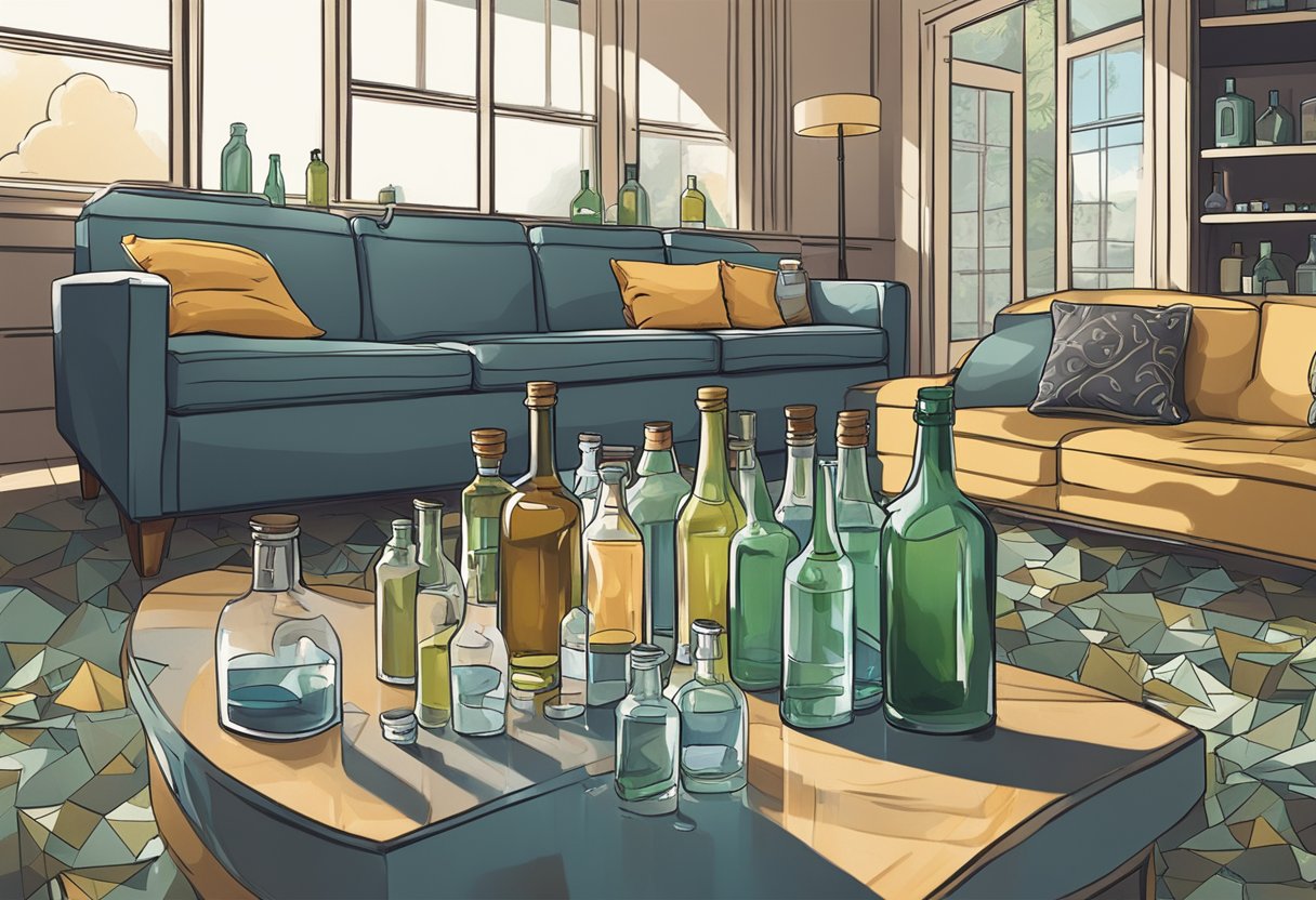 Empty bottles scattered, a neglected home bar, and a person slumped on a couch