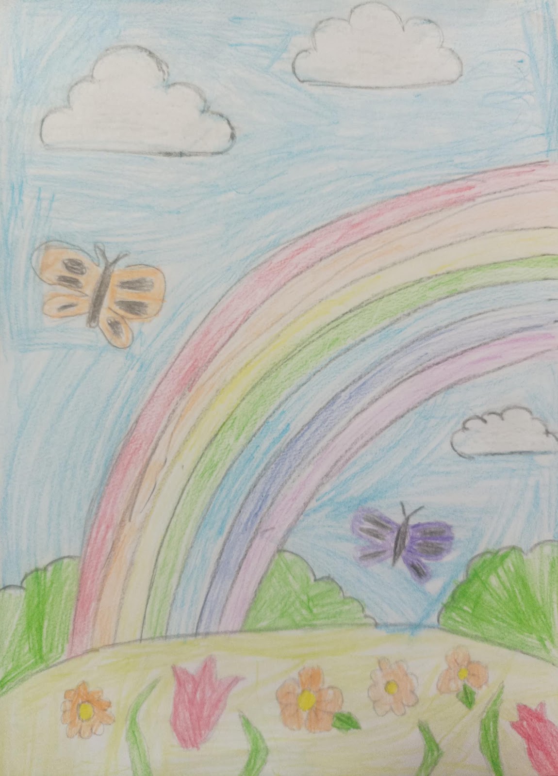 A child's drawing of butterflies and a rainbow

AI-generated content may be incorrect.