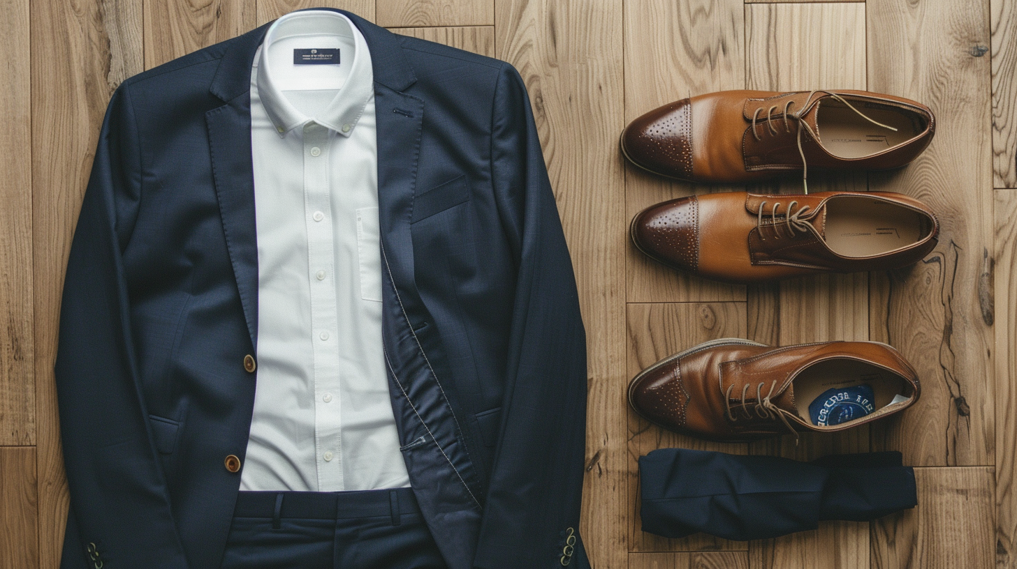 A smart-casual men’s outfit flat lay featuring a crisp white shirt, well-fitted chinos, a navy blazer, and polished brown leather shoes. Simple, clean, and stylish look for work. Neutral background with soft natural light, minimalistic and modern vibe.