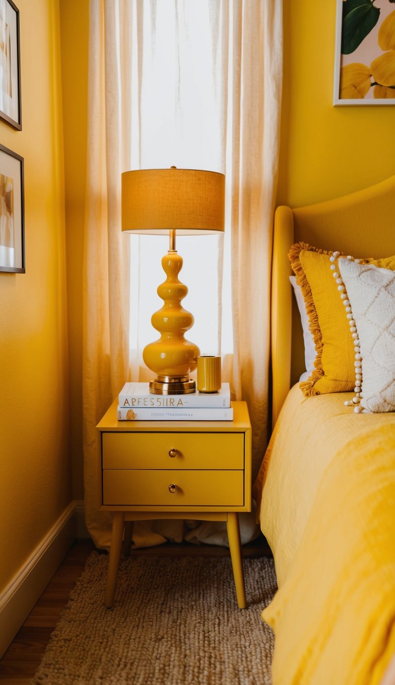 A turmeric bedside table sits in a cozy yellow bedroom, surrounded by warm, sunny decor and soft lighting