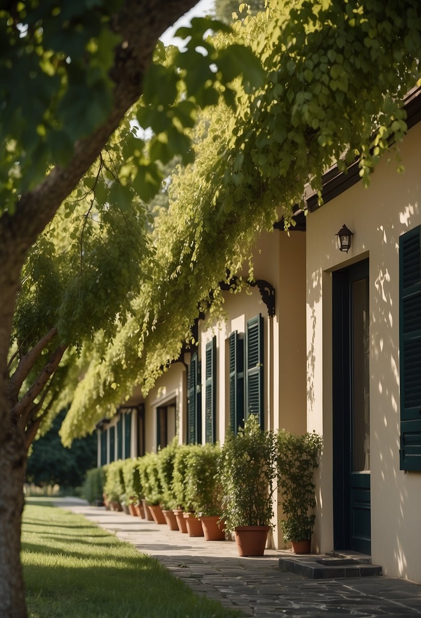 A row of mulberry trees lines the front of a house, creating a picturesque landscape with their lush green leaves and bountiful fruit