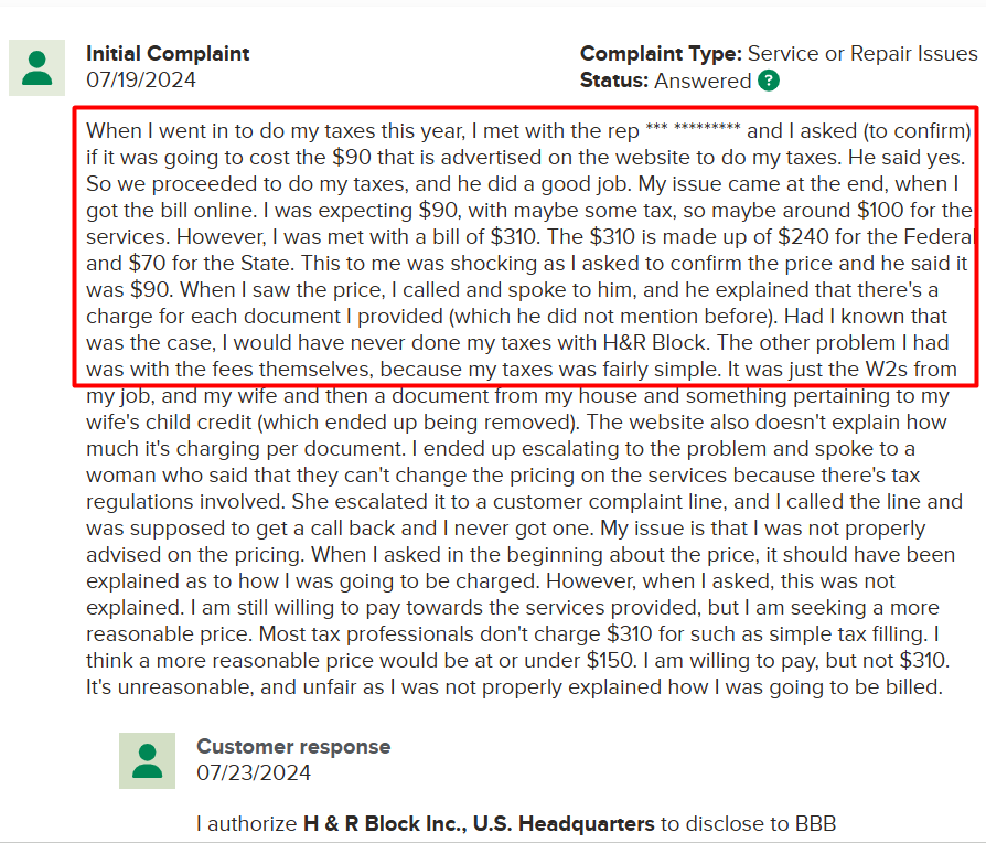 H&R Block User review on BBB