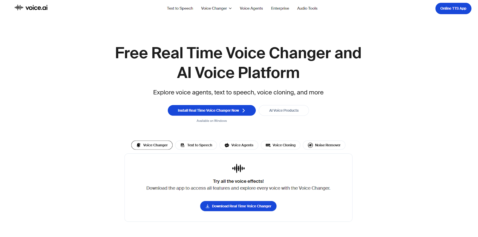 Voice AI homepage showing options to install the real-time voice changer and access tools like voice agents, text-to-speech, and voice cloning.