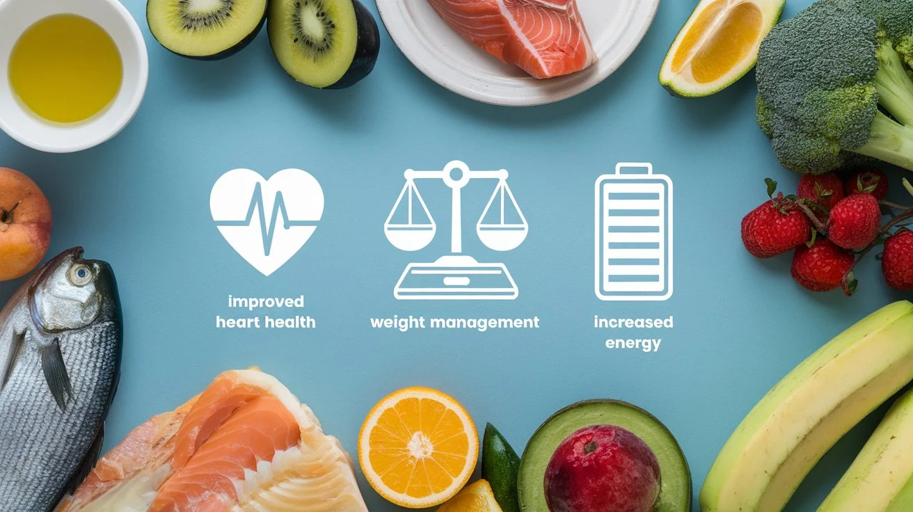 An infographic illustrating the health benefits of the Mediterranean diet, such as improved heart health, weight management, and increased energy.