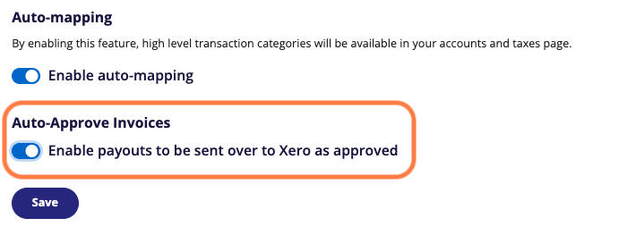 A screenshot highlighting the toggle feature in A2X to enable payouts to be sent over as auto-approved invoices in Xero