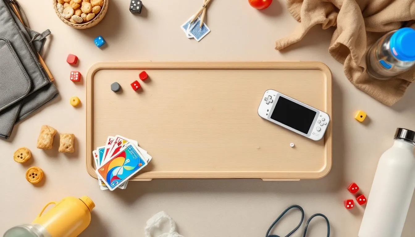 In the image, a diverse range of travel-friendly games is displayed, including a classic card game, a fun word game, and a few engaging puzzles, all set on a flat surface. These games are perfect for family adventures, making them ideal for playing during journeys or while waiting, ensuring fun and memorable moments.