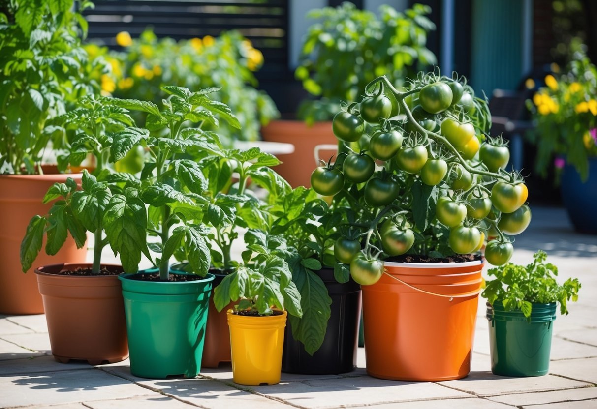 Lush tomato plants thrive in various-sized containers, from small pots to large buckets, on a sunny patio