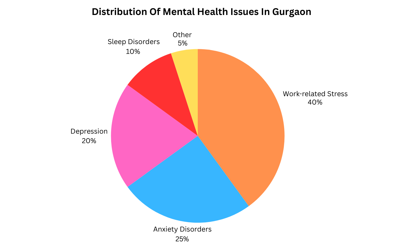 Pie chart showing the distribution of mental health issues in Gurgaon: stress, anxiety, depression, sleep