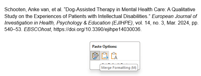 the merge formatting option in the paste options popup menu in Microsoft Word.