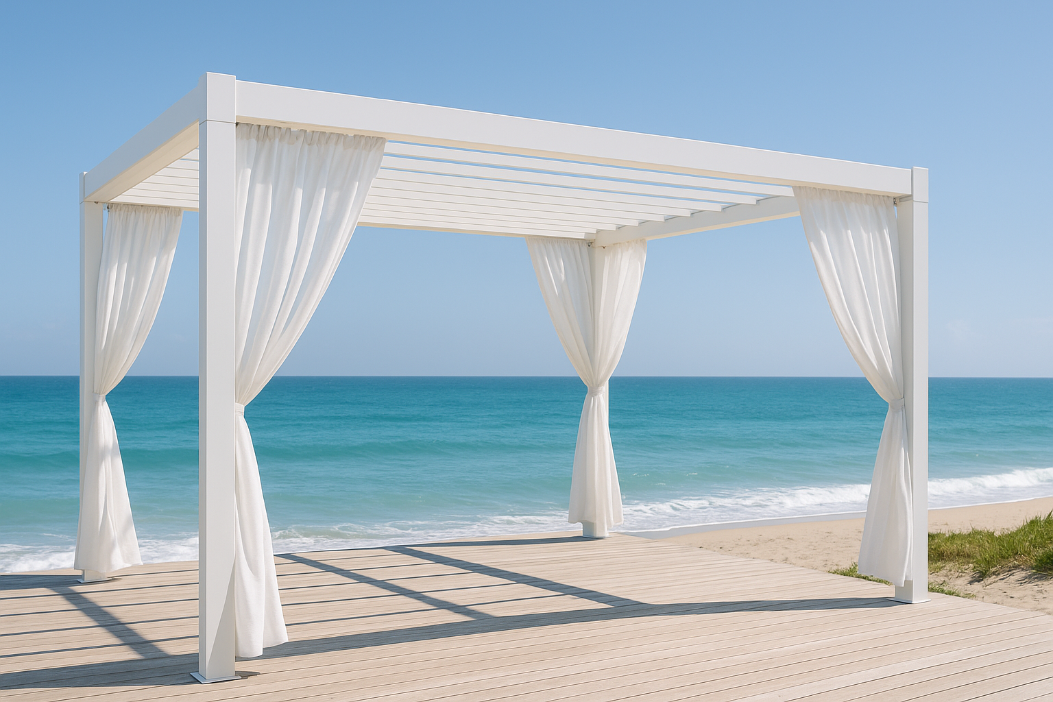 Beachside white aluminum pergola with curtains and ocean view.