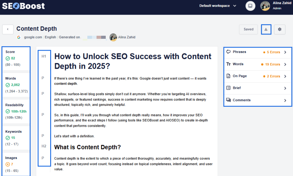 A snapshot of SEOBoost's Content Optimization feature showing content score and other metrics for a blog post