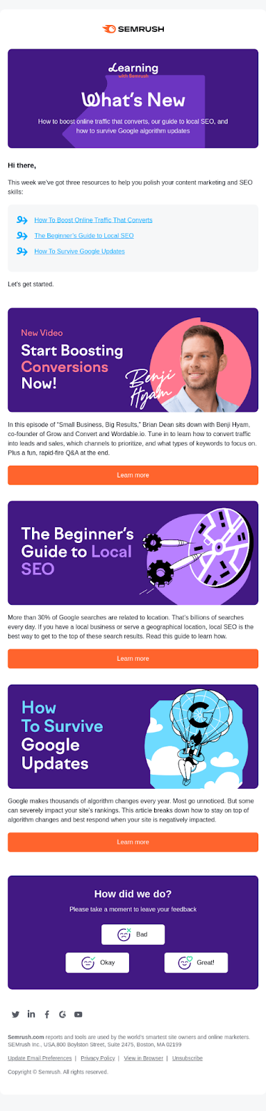 example of an email newsletter from semrush