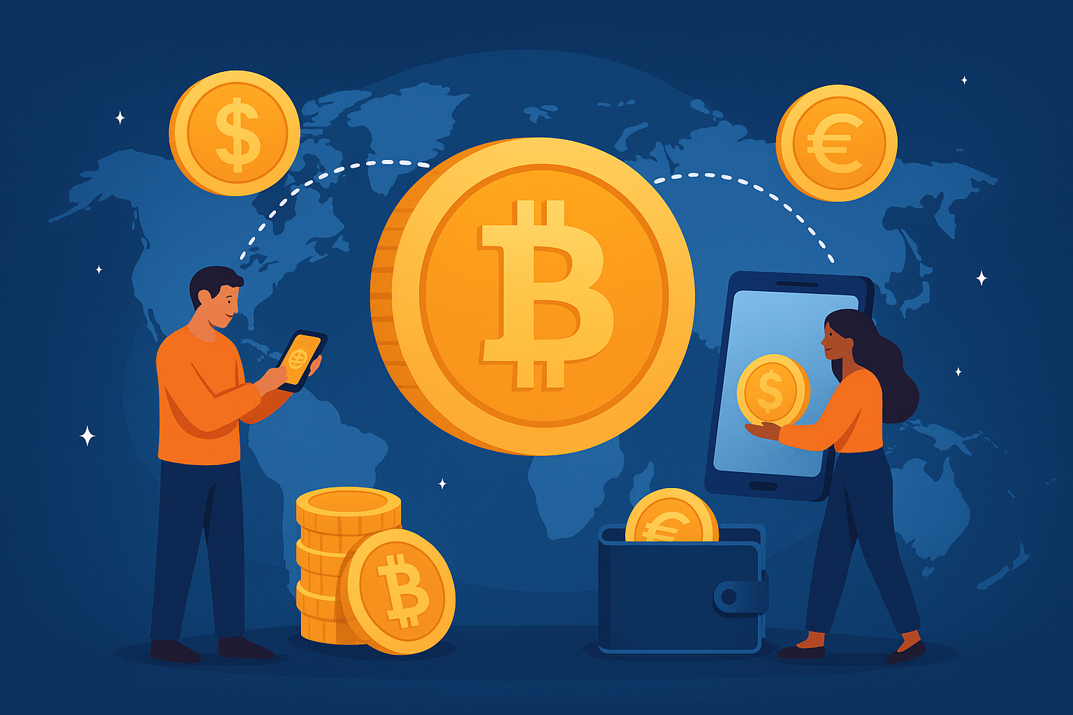 3D illustration of two people using crypto for cross-border payments