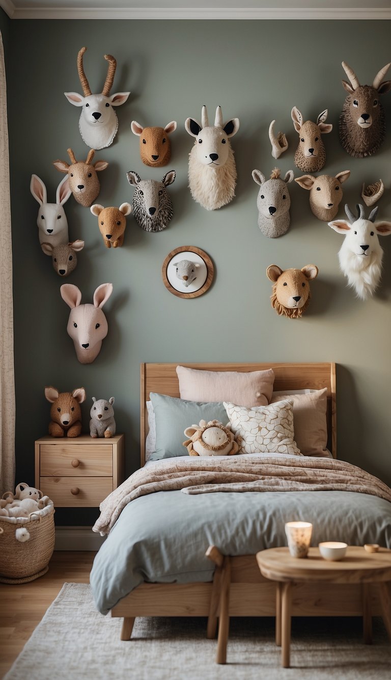 A whimsical kids' bedroom with Fiona Walker England's Animal Heads 23 adorning the walls