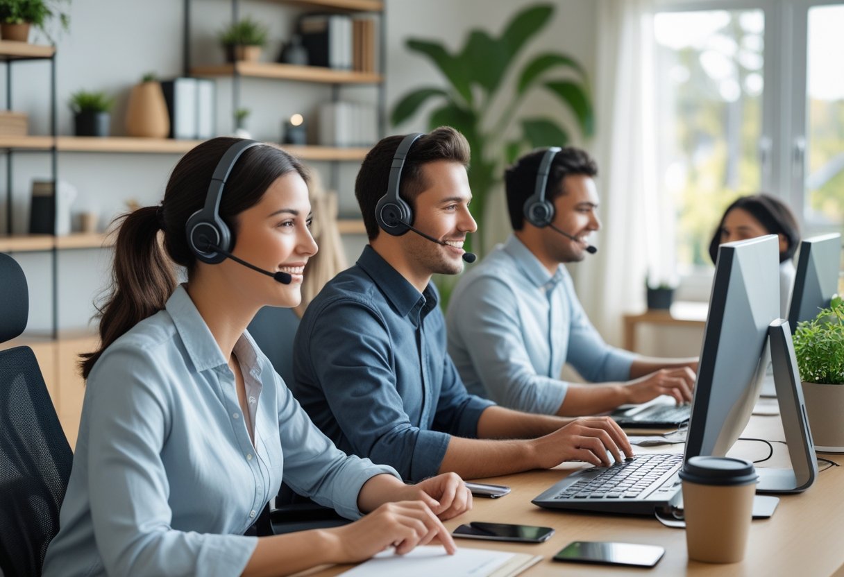 A group of diverse people wearing headsets working on laptops in home office settings.