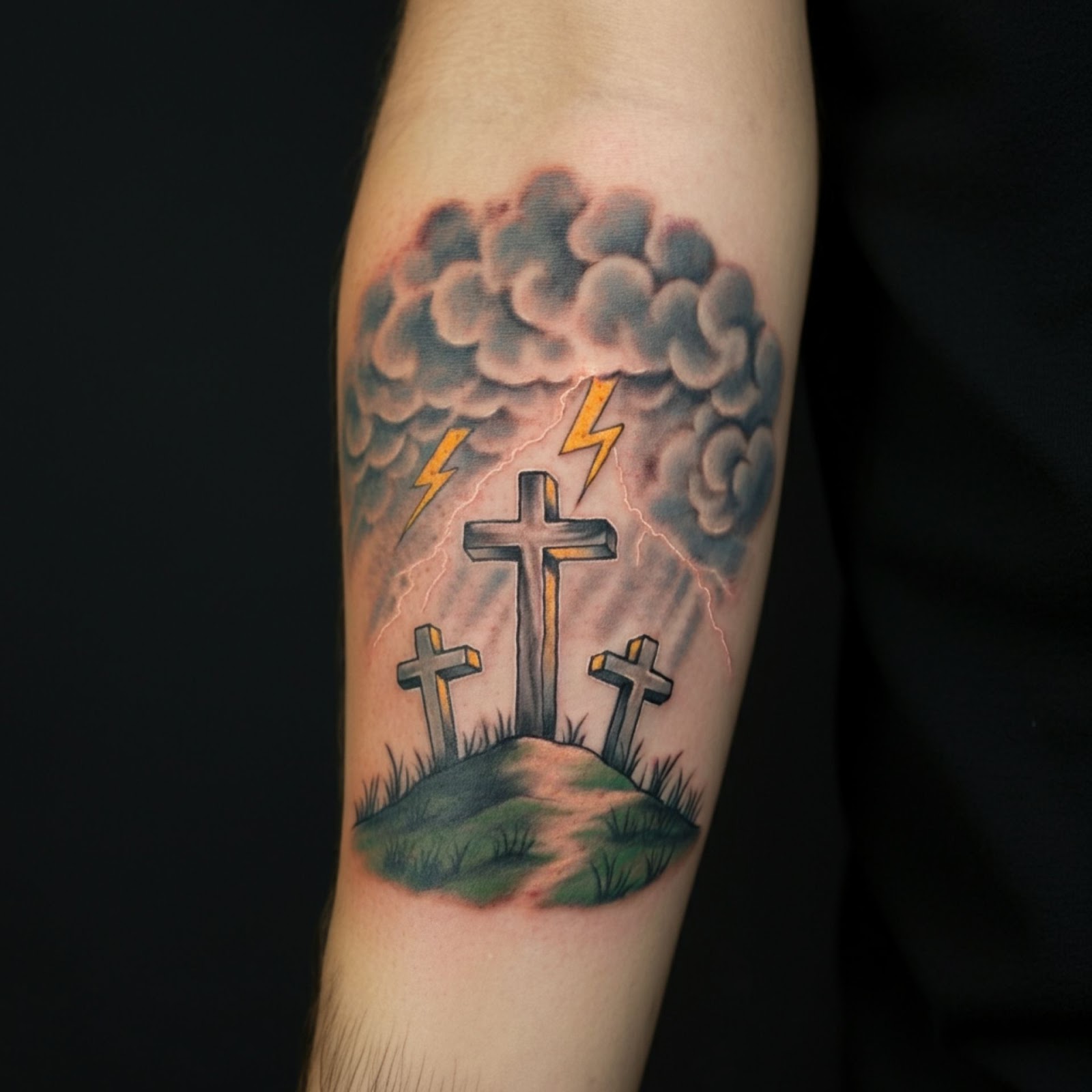 Three Crosses on a Hill with Clouds and Lightning Tattoo