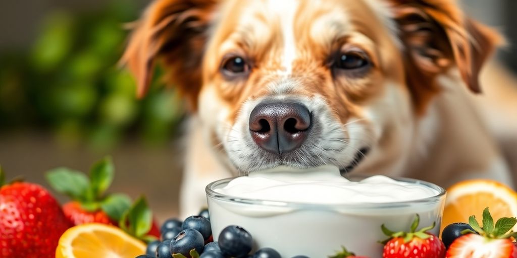 Dog eating yogurt with fruits in a colorful bowl.