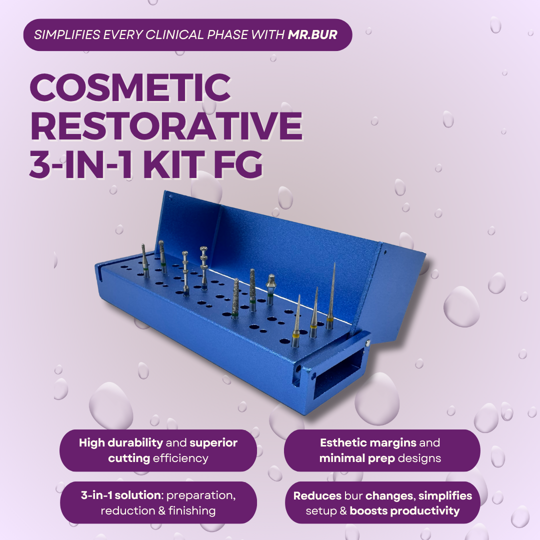 Mr. Bur Cosmetic Restorative 3-in-1 Kit FG with 10 burs for veneer, crown, inlay, and cavity preparation, offering depth control, margin refinement, and esthetic finishing.