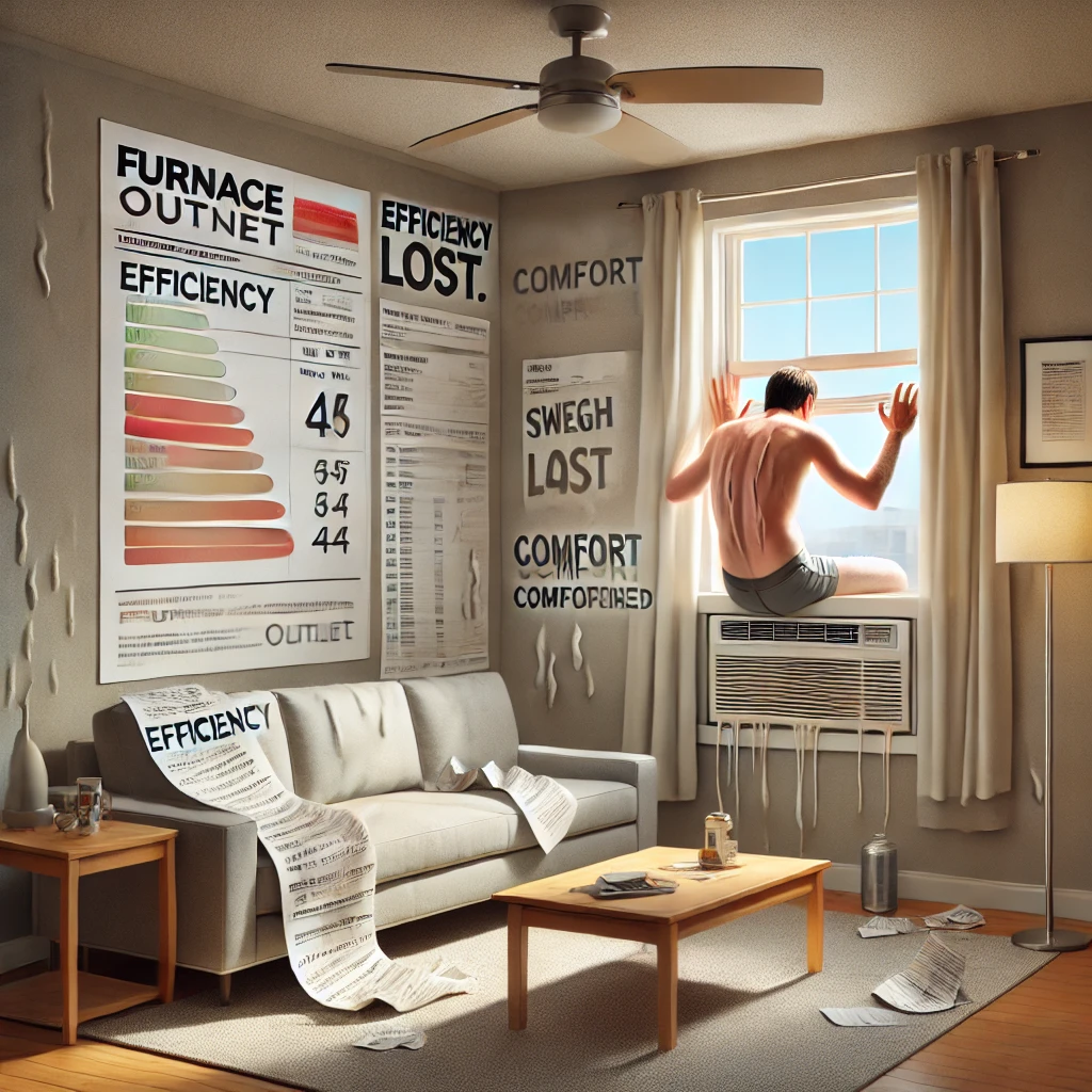Image of a mis-sized window air conditioner in a modern apartment, showing energy inefficiency and comfort issues.