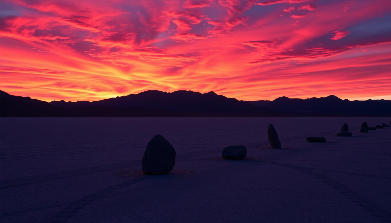 Sunset over Racetrack Playa with sailing stones silhouetted against the colorful sky
