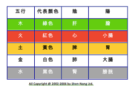 五行元素及其對應顏色和人體內臟（陰／陽）