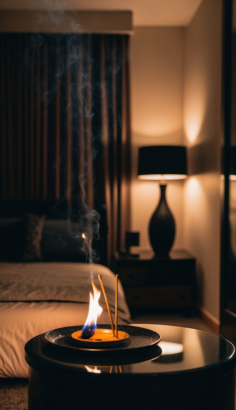 A dimly lit master bedroom with incense sticks burning on a bedside table, casting a soft glow and creating a romantic atmosphere