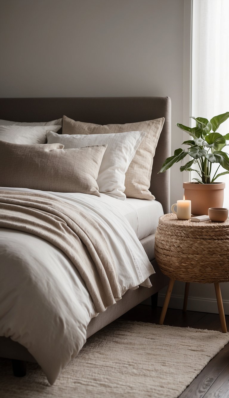 A serene bedroom with a neutral color palette. A cozy bed with soft linens, a minimalistic nightstand, and a plush area rug. Subtle artwork and a potted plant add warmth to the space