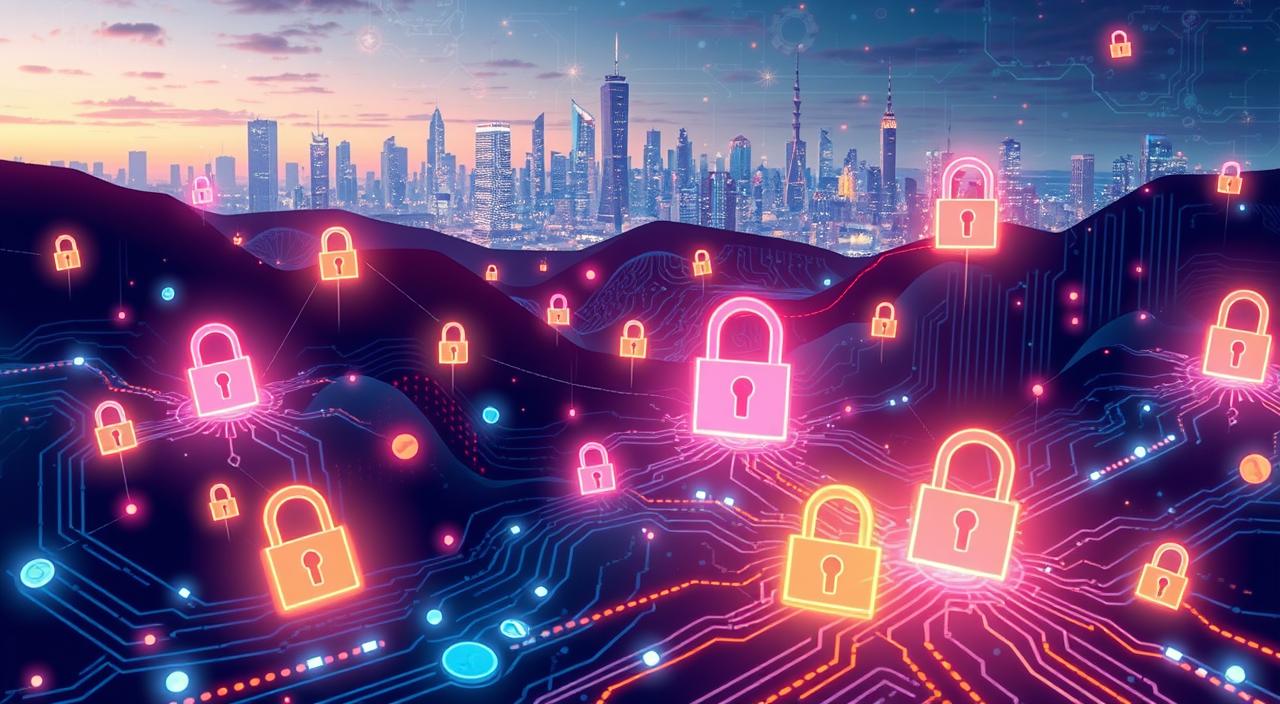 A dynamic illustration of a digital landscape filled with abstract representations of cybersecurity, featuring glowing locks, circuit patterns, and data streams, intertwined with symbols of funding like coins or dollar signs. The scene exudes a sense of innovation and security, with a futuristic city skyline in the background, illuminated by neon lights, conveying the essence of cyber grants in a visually captivating manner.