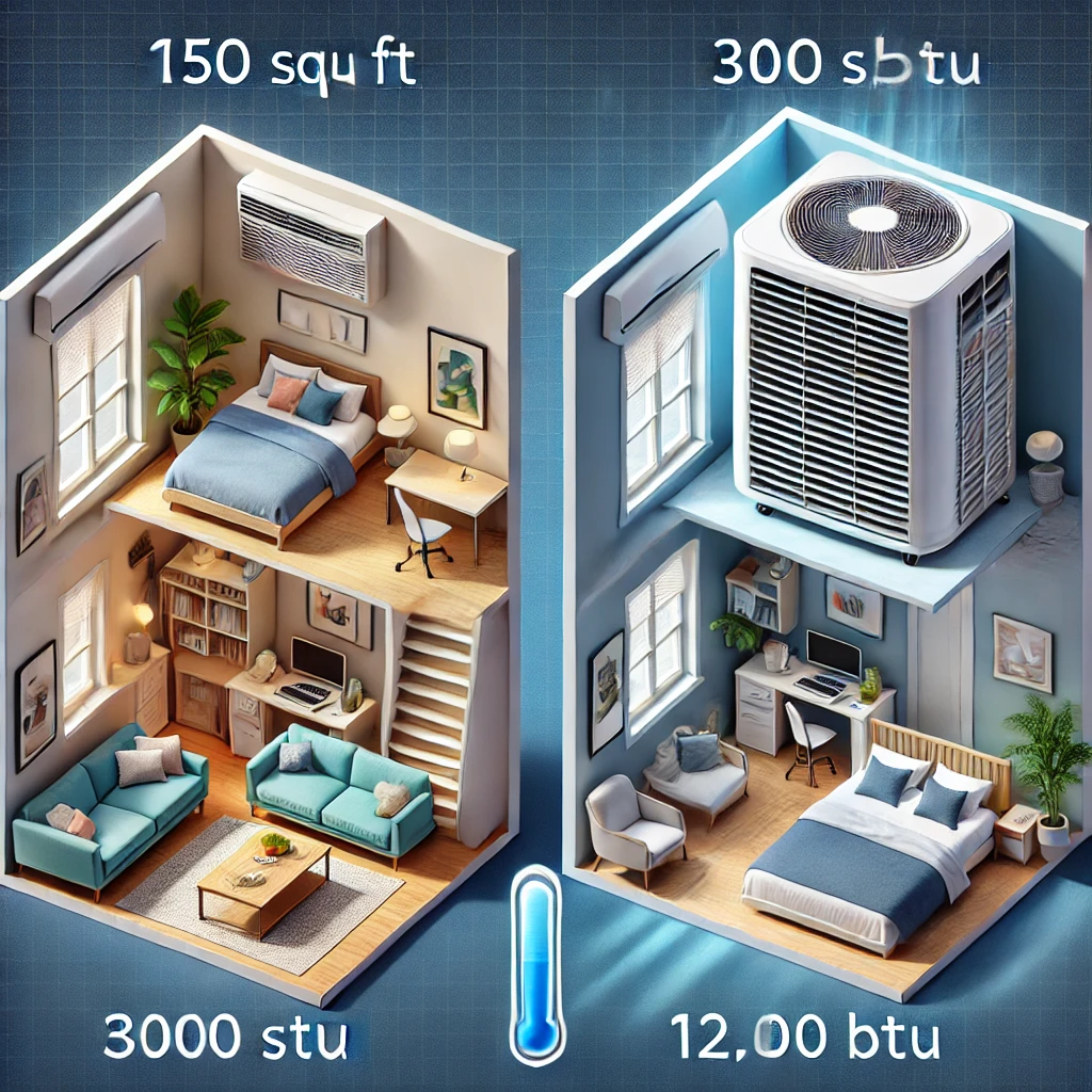 Chart illustrating how to size a portable AC: 20 BTU per ft², with adjustments for sun, people, and room location.