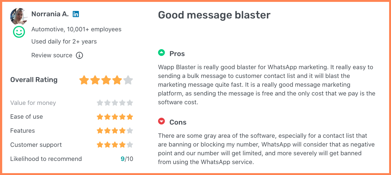 User review of WappBlaster, one of the best WhatsApp bulk message senders