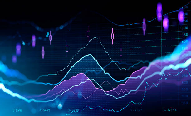 Financial rising graph and chart with lines and numbers Financial rising graph and chart with lines and numbers that illustrate stock market behaviour. Concept of successful trading. Dark blue background. 3d rendering stock chart stock pictures, royalty-free photos & images