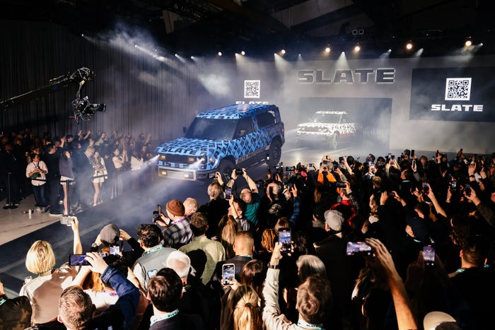 Modified Slate EV pickups at the Slate Reveal Event on April 24, 2025 in Long Beach, California.