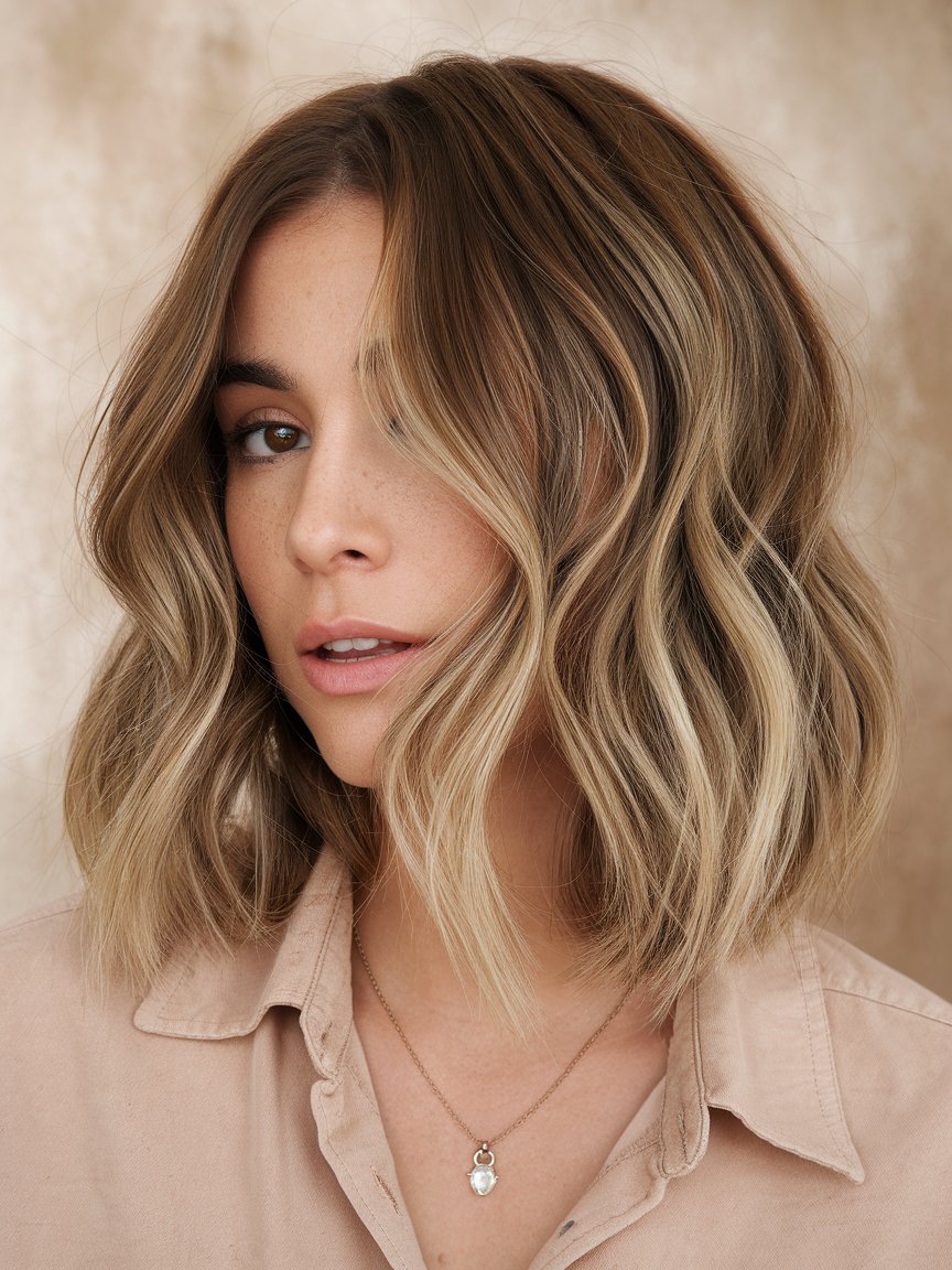 74. Sun-Kissed Wavy Bob with Balayage