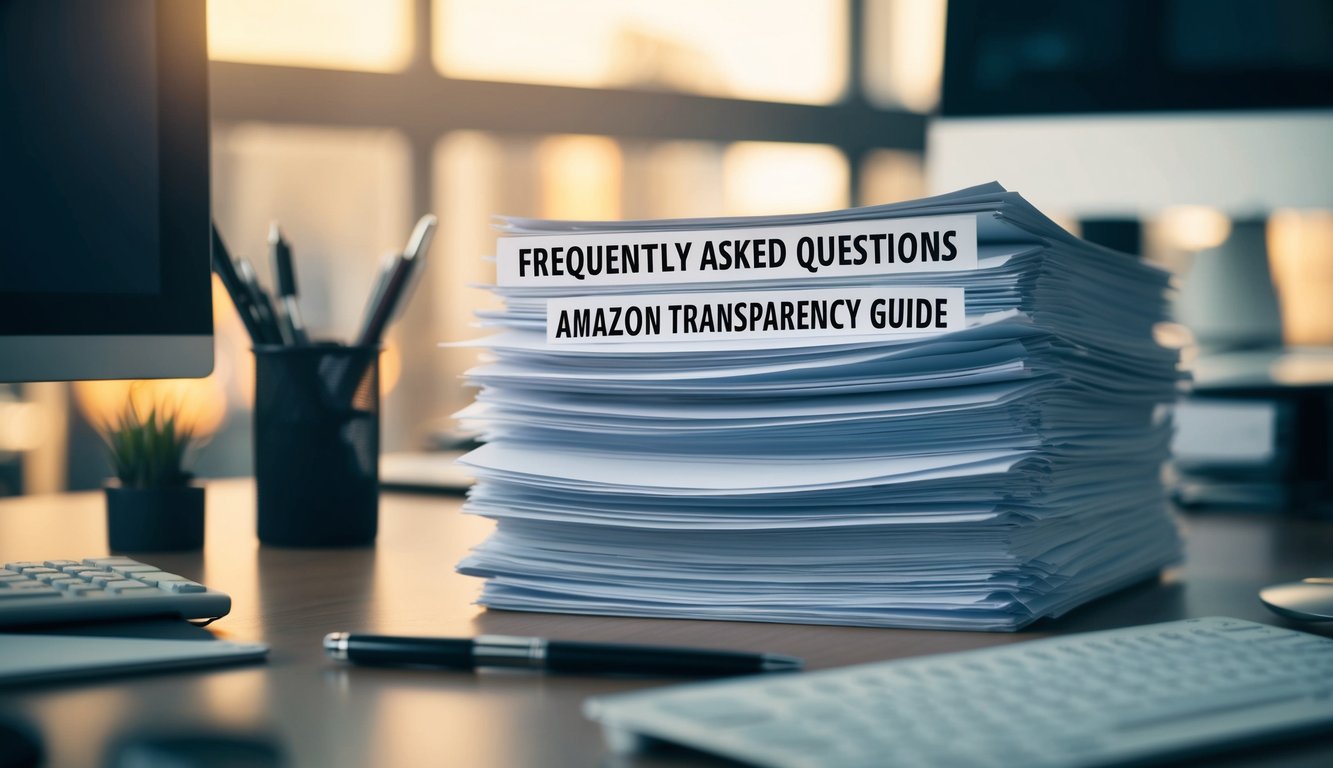 A stack of papers with the title "Frequently Asked Questions Amazon transparency guide" sits on a desk, surrounded by a computer, pen, and office supplies