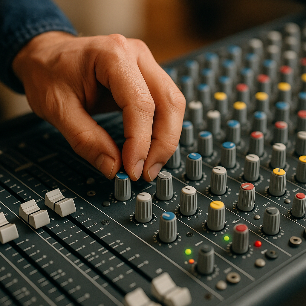Person adjusting audio levels on a mixing console