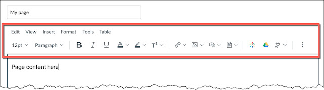 A view of the full Rich Content Editor as seen in "Edit Mode" of a new page. the Page is titled "My Page," and the Rich Content Editor has a box around it to highlight where the RCE buttons are located.