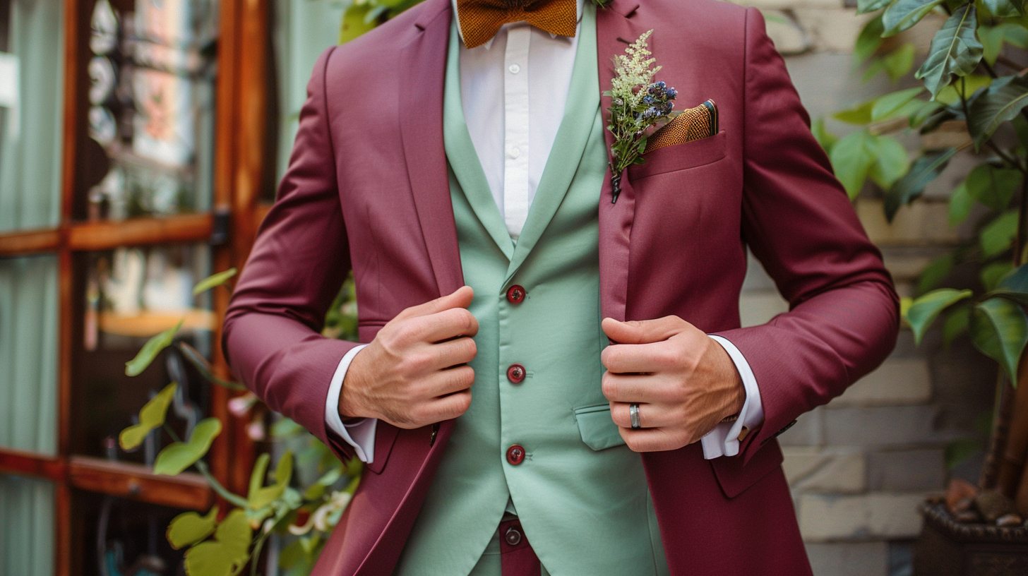 A man wearing a burgundy or pastel green colored suit, bold and seasonal, styled for a creative wedding or summer party