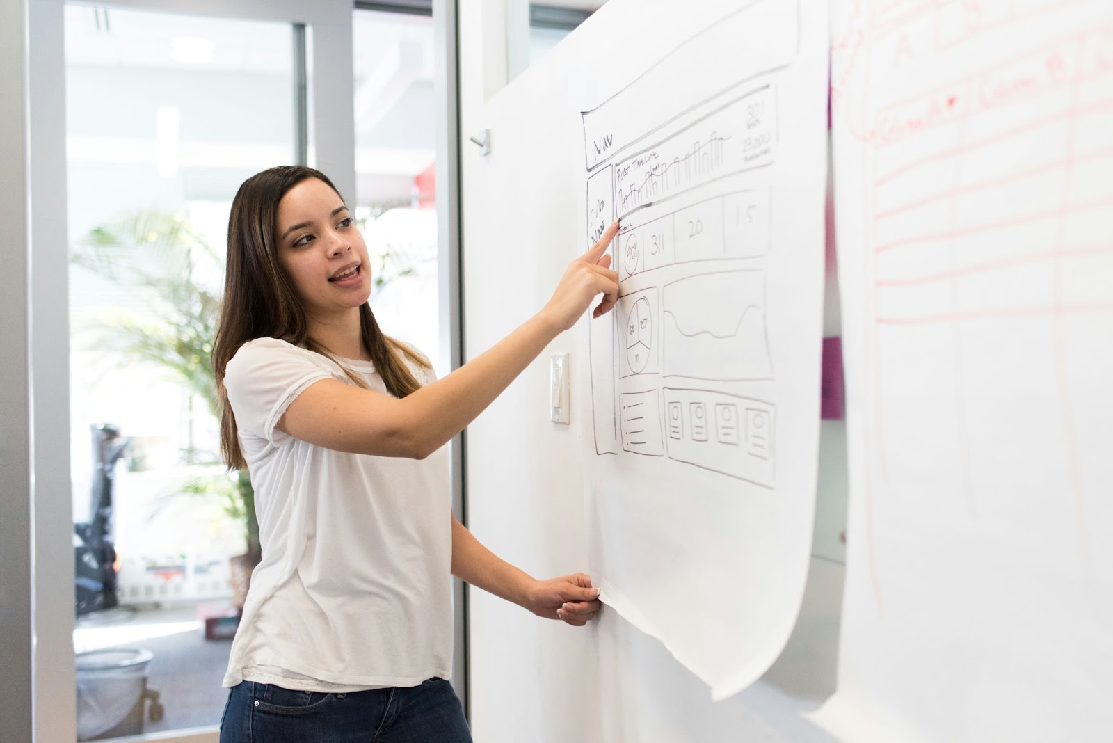 A woman is standing in front of a whiteboard, pointing to a diagram she has drawn.