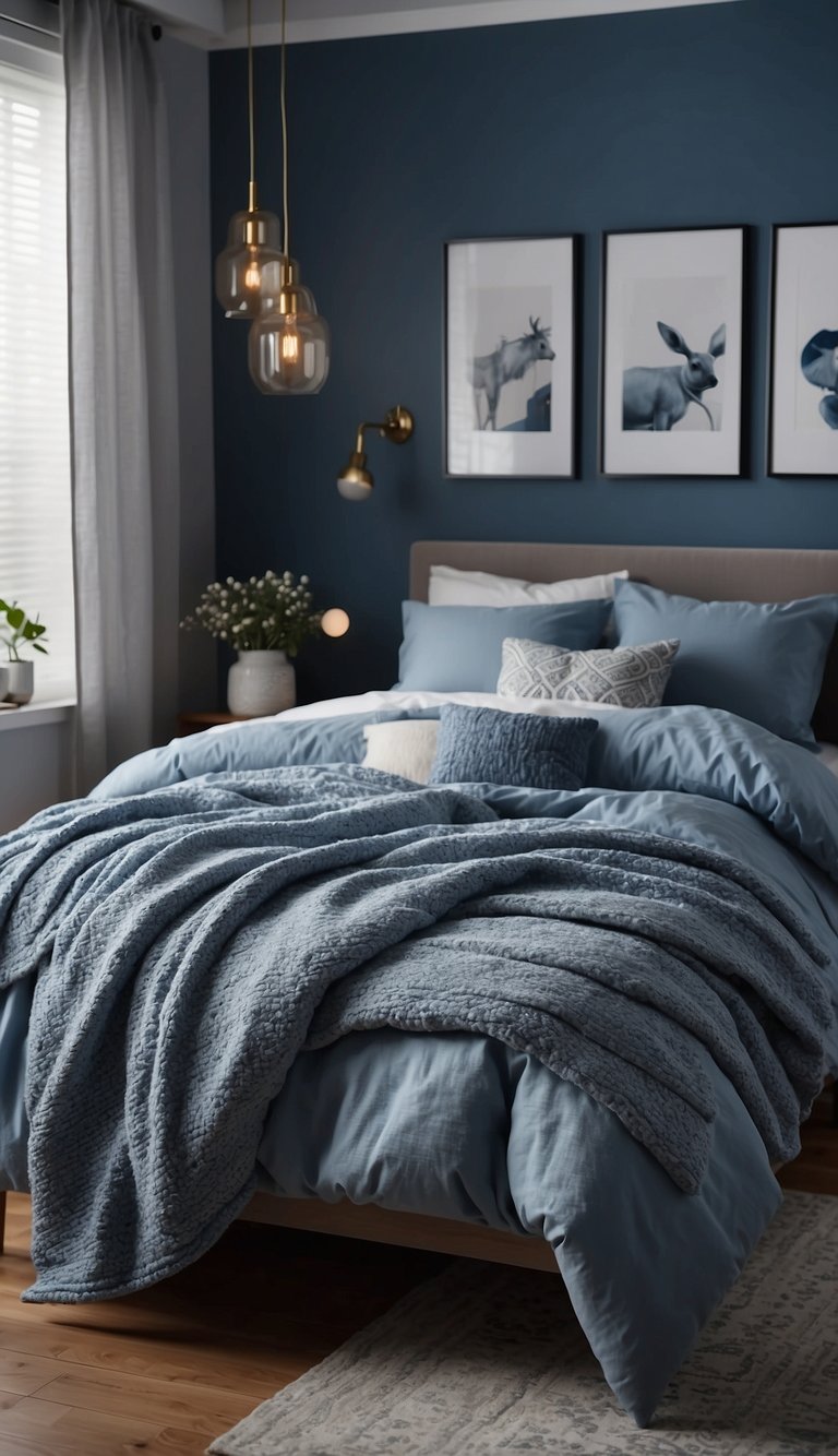 A cozy bedroom with matching bedding in shades of blue and gray. Pillows and throws complement the color scheme, creating a harmonious and inviting space for a couple