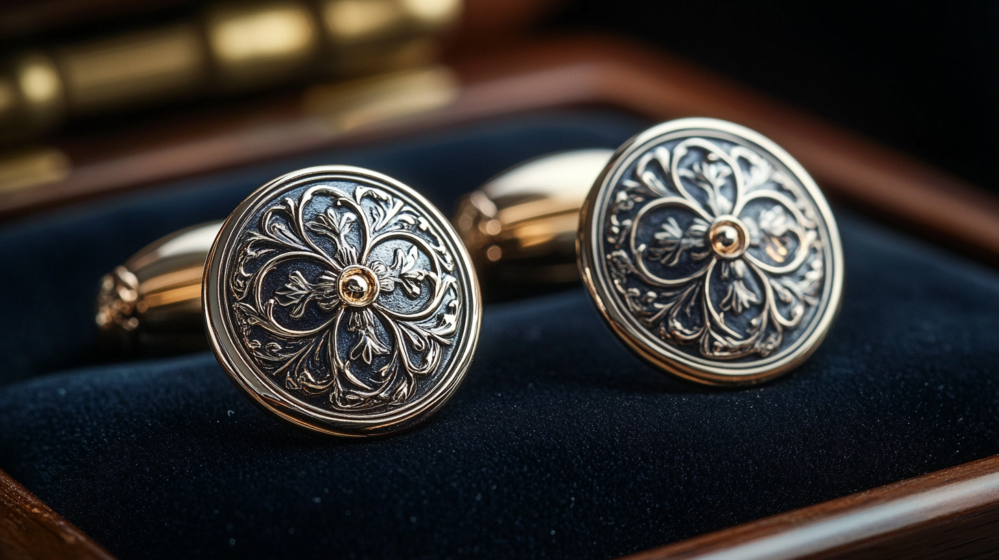 A pair of polished silver cufflinks with intricate detailing, placed neatly on a dark velvet surface. The lighting highlights their shine, with a blurred background adding depth.