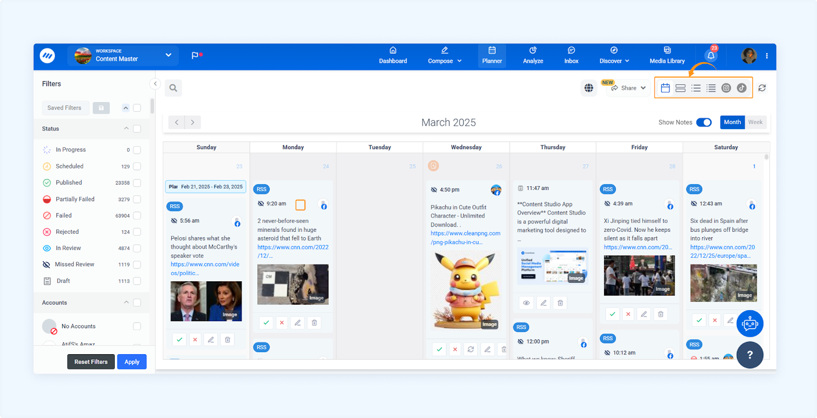 ContentStudio dashboard showing a weekly social media calendar with posts and scheduling tools