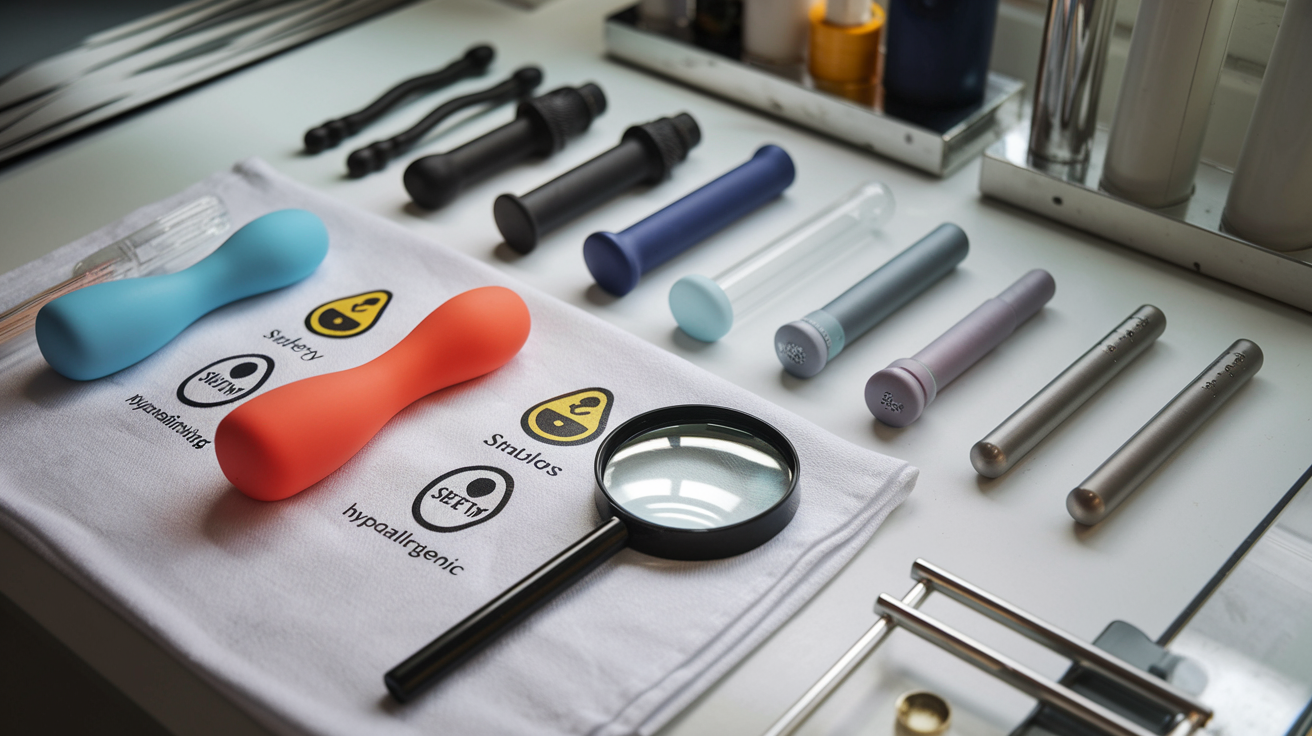 Create a realistic image of a well-lit workspace with various sex toy materials displayed safely - silicone, glass, and stainless steel samples laid on a clean white cloth, with safety certification symbols, hypoallergenic labels, and a magnifying glass examining quality details, conveying educational rather than explicit content.